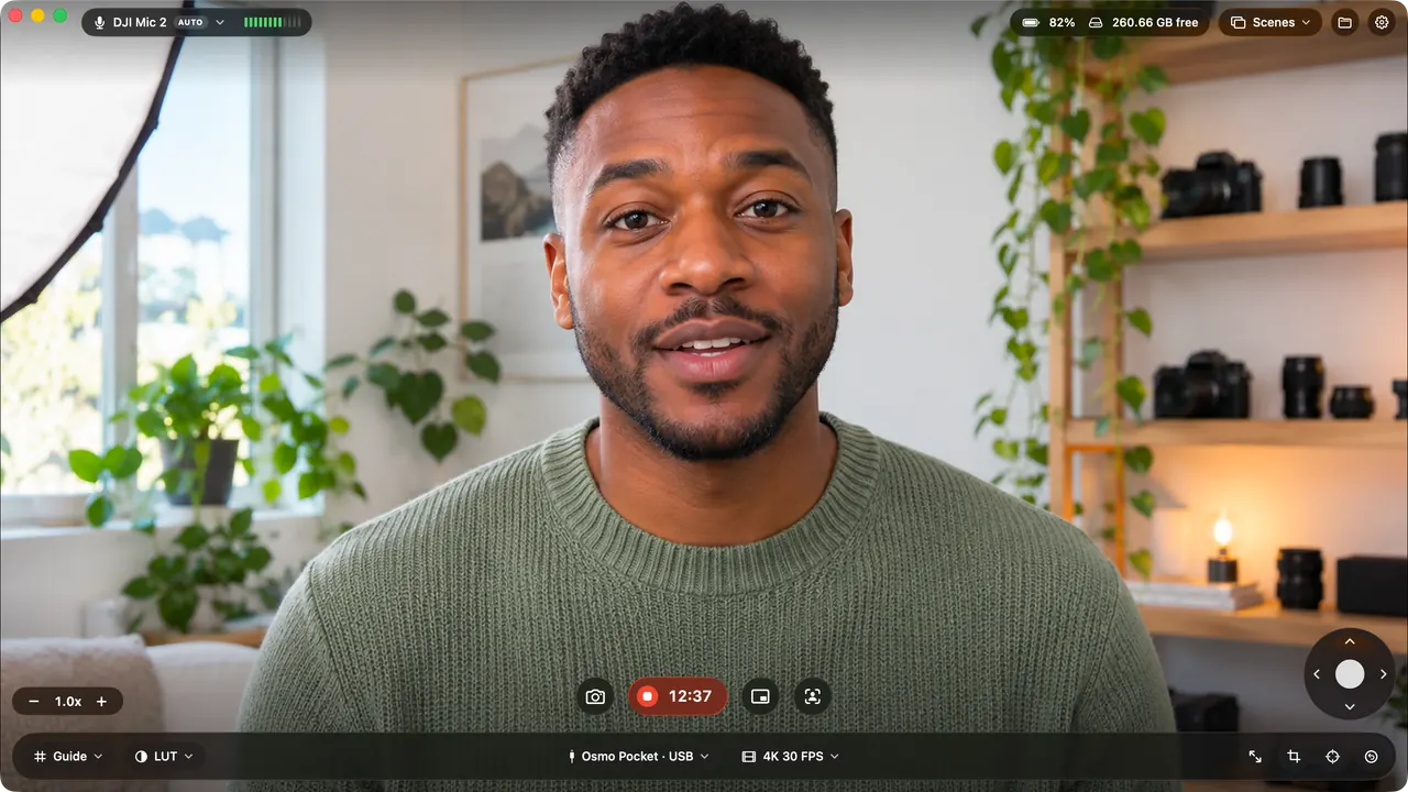 Pocketframe on a Mac showing a live preview from a DJI Osmo Pocket, with microphone, recording and gimbal controls